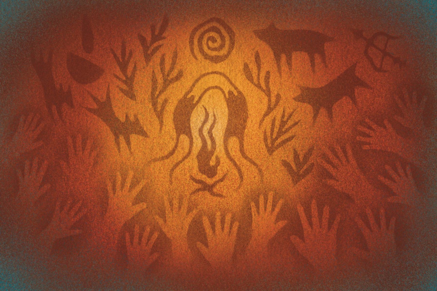 Cave painting illustration of figures gathered around a flame