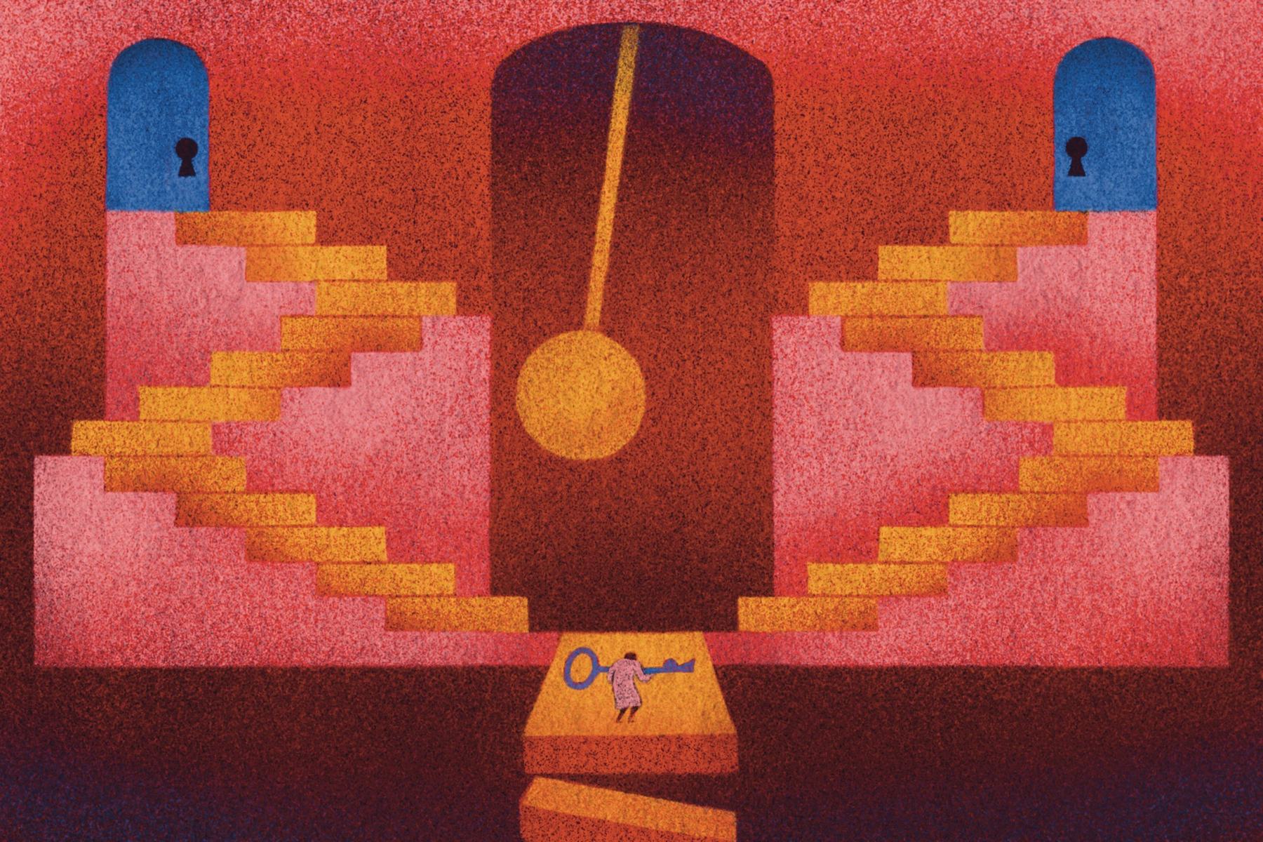 Illustration of stairs leading up to a key, evoking the keys to the vault metaphor