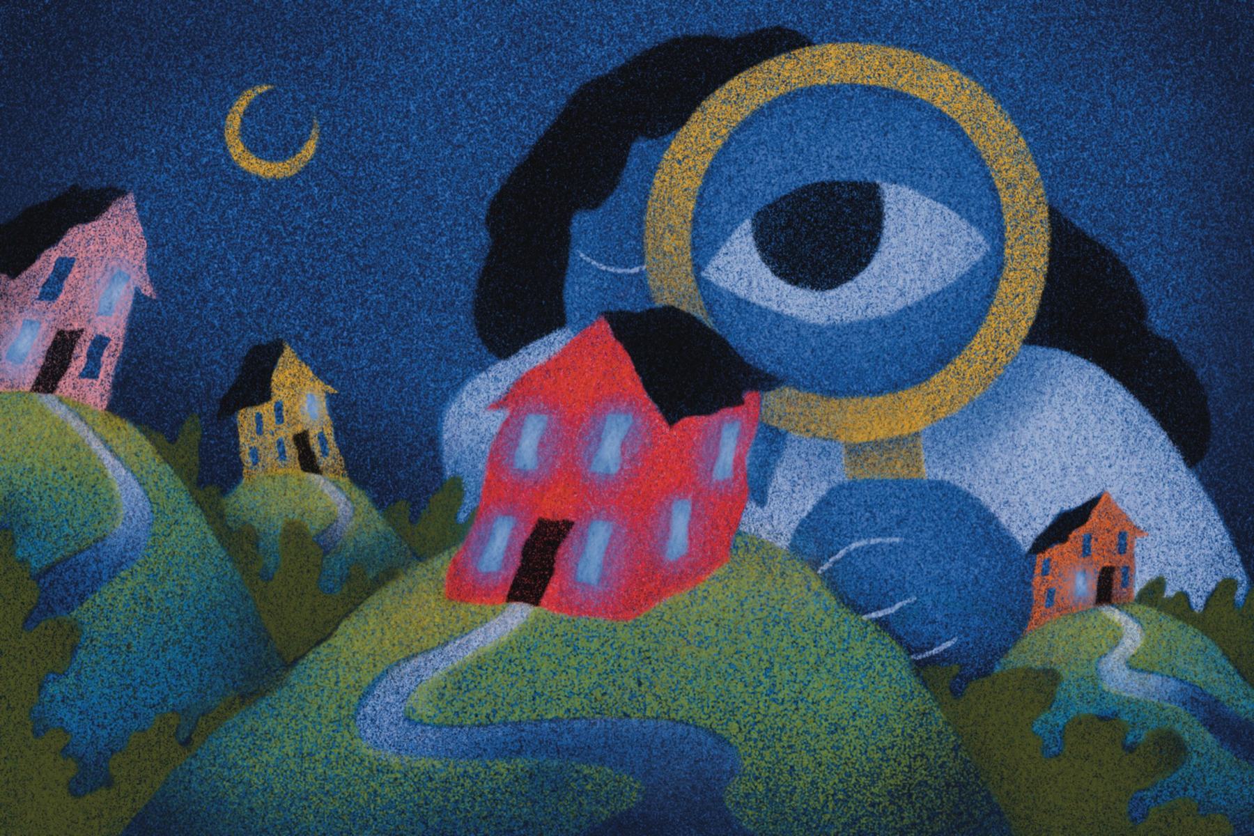 Illustration of a figure holding a magnifying glass up to a red house on a hillside at night