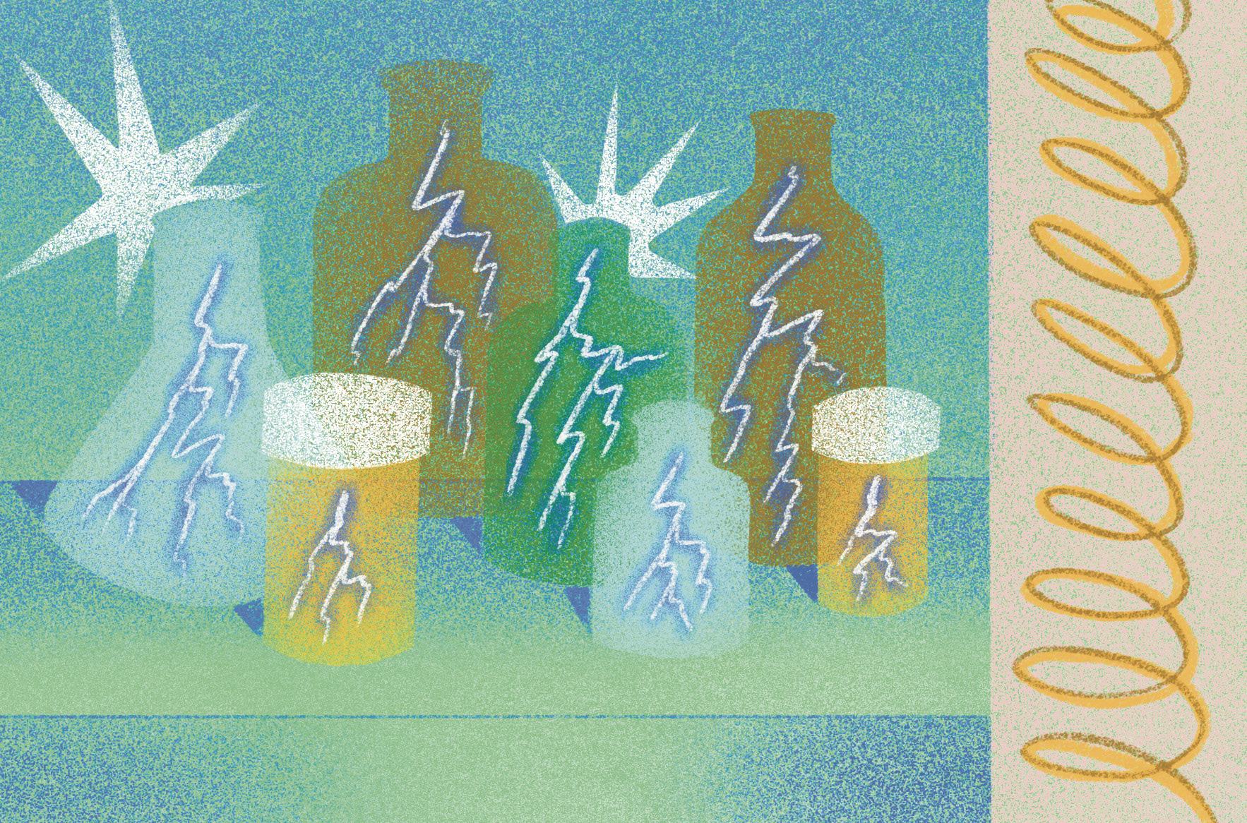 Illustration of glowing glass bottles crackling with lightning bolts and bursts of light against a textured teal background.