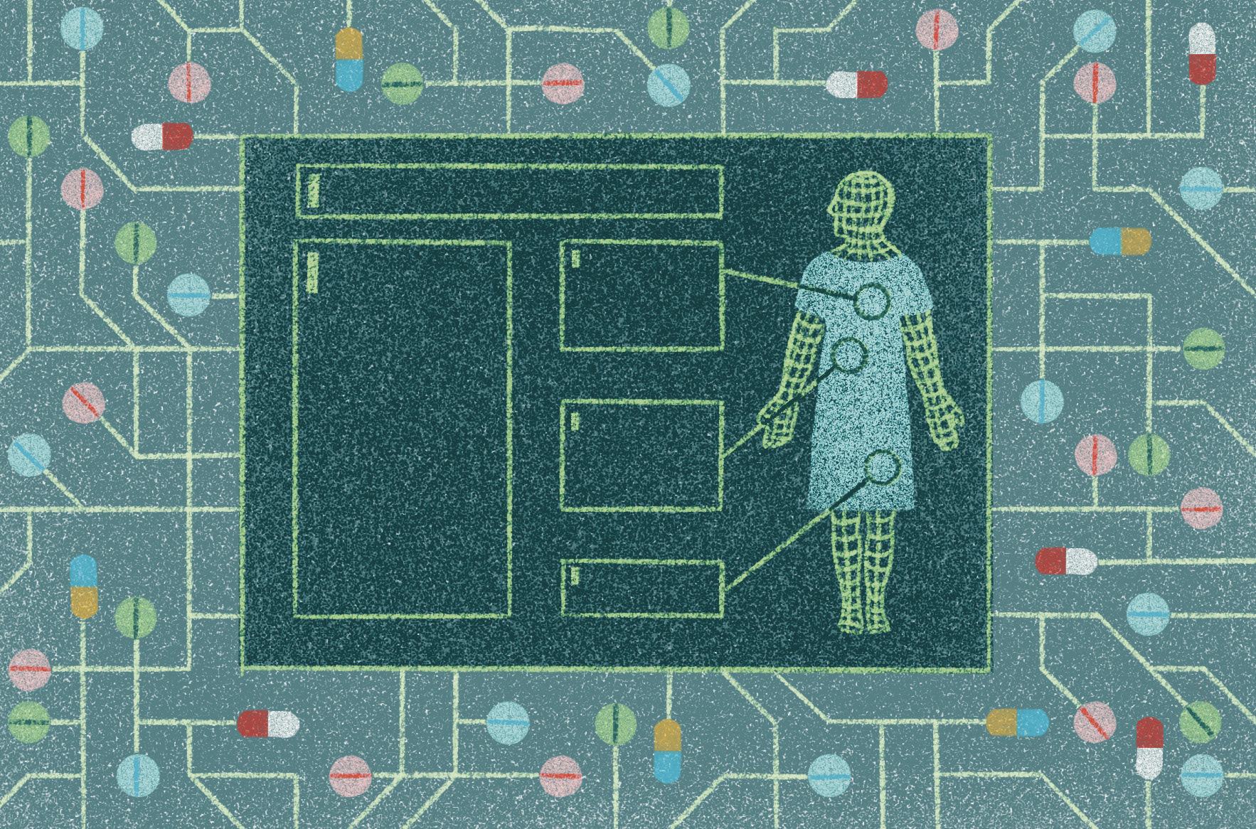 Illustration of a figure in a hospital gown inside a glowing chart window, surrounded by circuit-board traces studded with pills.