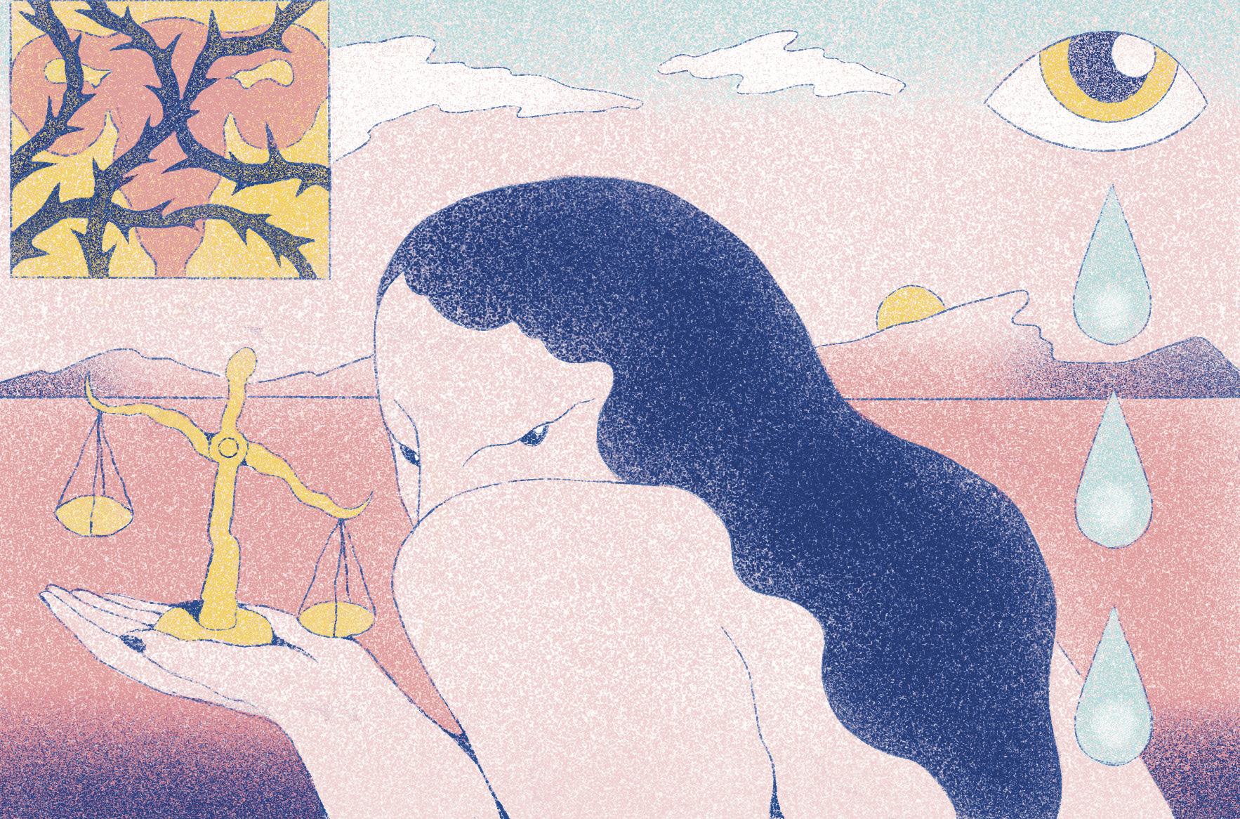 Illustration of a woman with long dark hair bowing her head, holding a small golden balance scale in her palm, beneath a watching eye and falling teardrops.